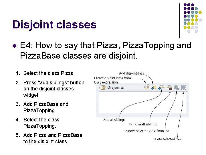 Disjoint classes l E 4: How to say that Pizza, Pizza. Topping and Pizza.