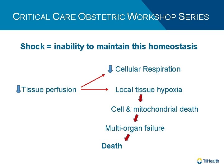 CRITICAL CARE OBSTETRIC WORKSHOP SERIES Shock = inability to maintain this homeostasis Cellular Respiration