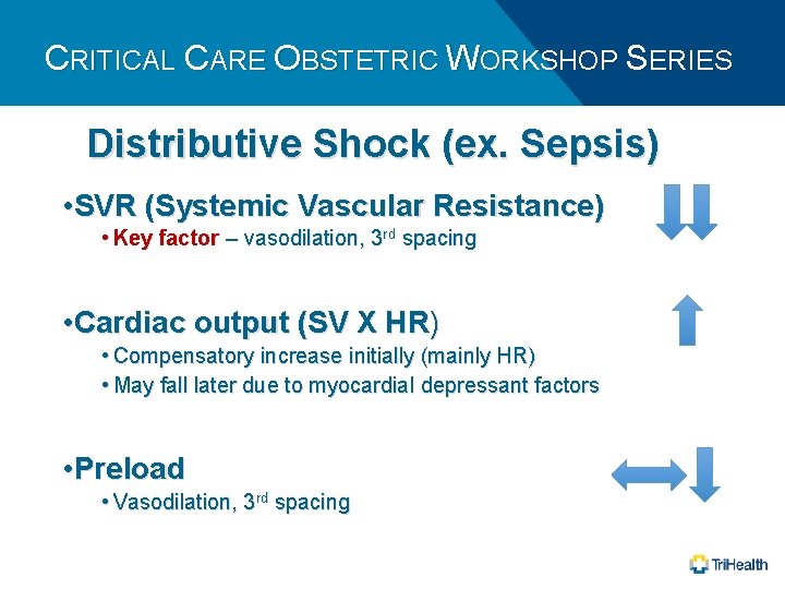 CRITICAL CARE OBSTETRIC WORKSHOP SERIES Distributive Shock (ex. Sepsis) • SVR (Systemic Vascular Resistance)