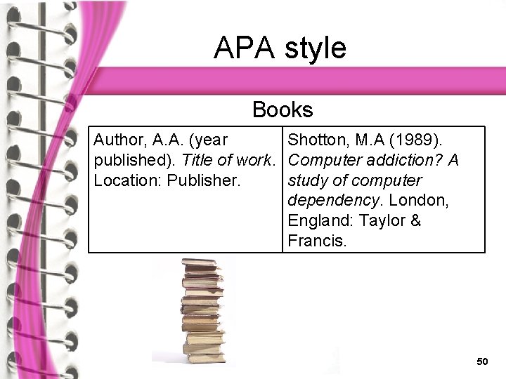 APA style Books Author, A. A. (year Shotton, M. A (1989). published). Title of