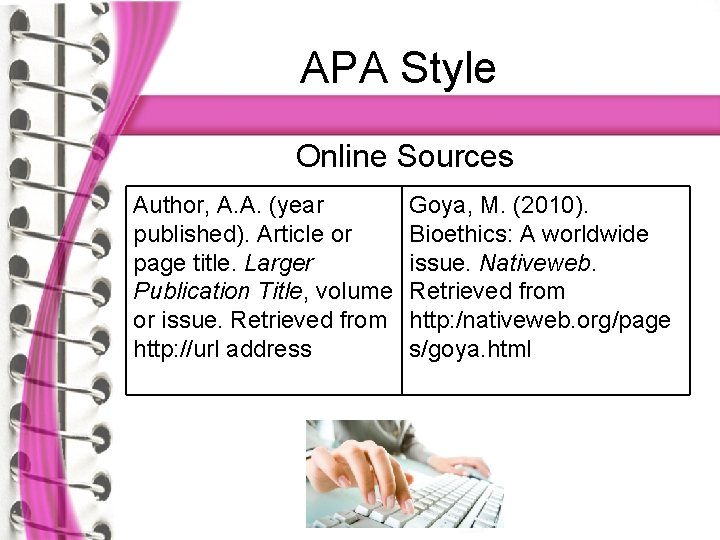 APA Style Online Sources Author, A. A. (year published). Article or page title. Larger