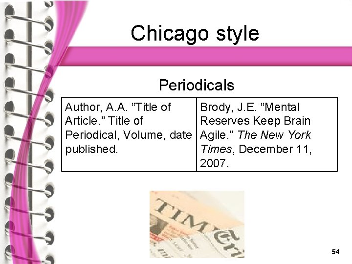 Chicago style Periodicals Author, A. A. “Title of Article. ” Title of Periodical, Volume,