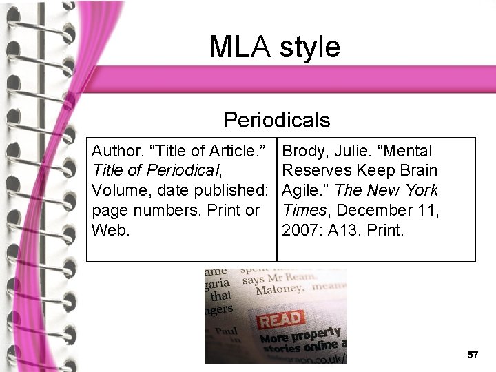 MLA style Periodicals Author. “Title of Article. ” Title of Periodical, Volume, date published: