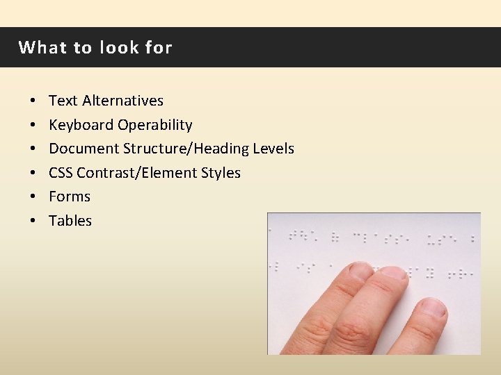 What to look for • • • Text Alternatives Keyboard Operability Document Structure/Heading Levels