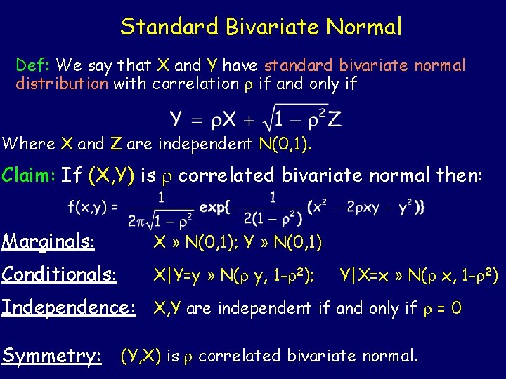 Standard Bivariate Normal Def: We say that X and Y have standard bivariate normal