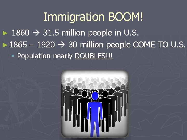 Immigration BOOM! 1860 31. 5 million people in U. S. ► 1865 – 1920