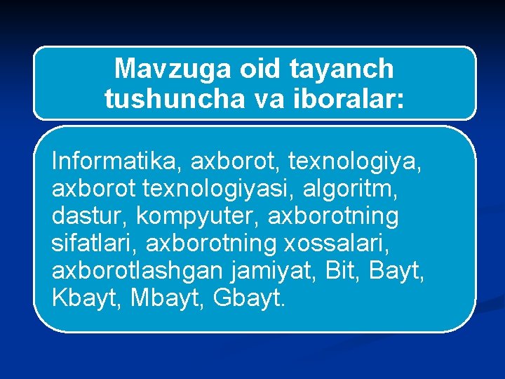 Mavzuga oid tayanch tushuncha va iboralar: Informatika, axborot, texnologiya, axborot texnologiyasi, algoritm, dastur, kompyuter,