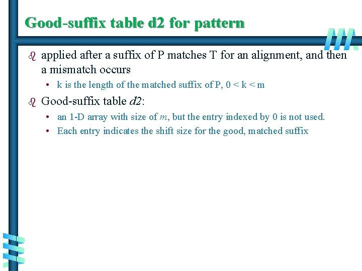 Good-suffix table d 2 for pattern b applied after a suffix of P matches