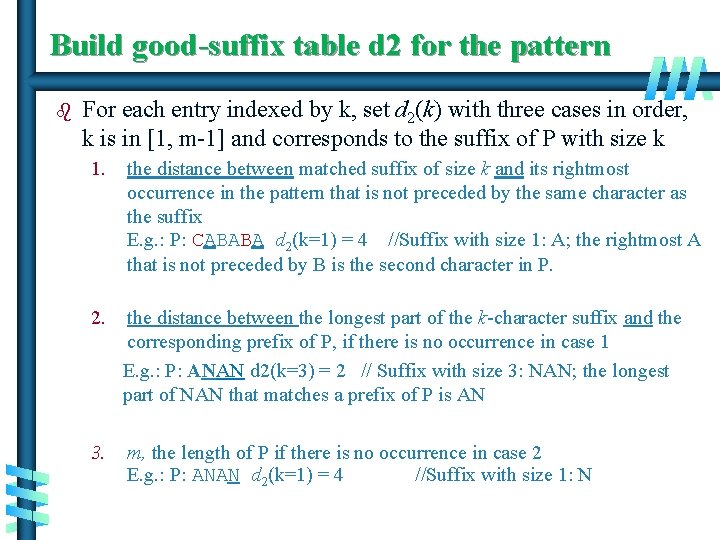 Build good-suffix table d 2 for the pattern b For each entry indexed by