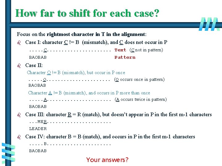 How far to shift for each case? Focus on the rightmost character in T