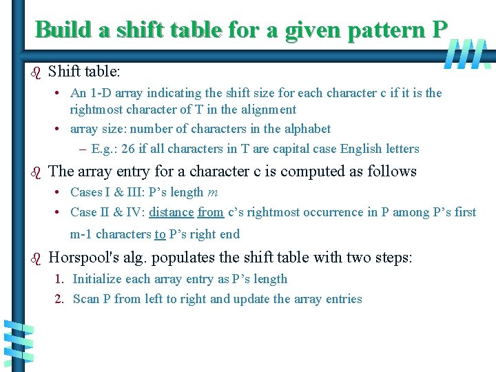 Build a shift table for a given pattern P b Shift table: • An