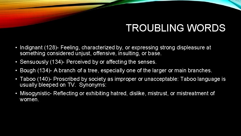 TROUBLING WORDS • Indignant (128)- Feeling, characterized by, or expressing strong displeasure at something