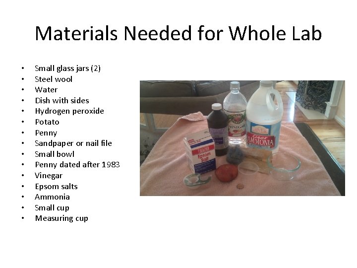 Materials Needed for Whole Lab • • • • Small glass jars (2) Steel