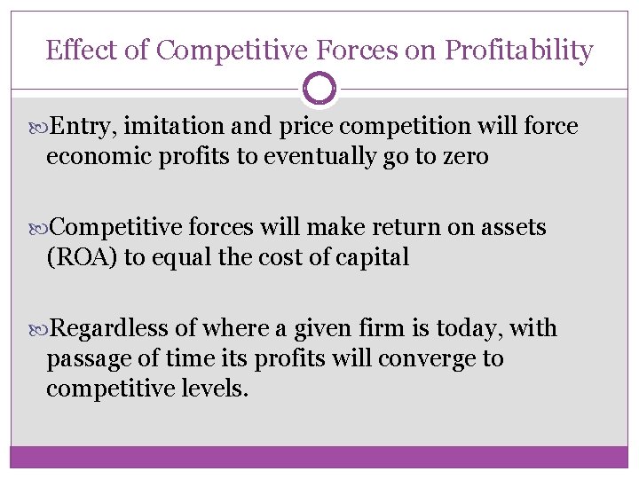 Effect of Competitive Forces on Profitability Entry, imitation and price competition will force economic