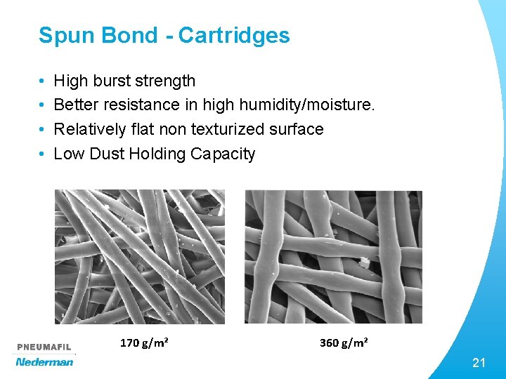 Spun Bond - Cartridges • • High burst strength Better resistance in high humidity/moisture.