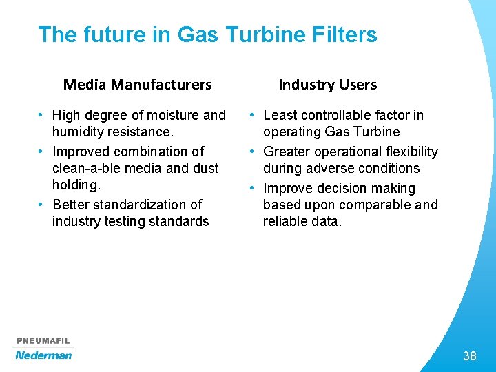 The future in Gas Turbine Filters Media Manufacturers • High degree of moisture and
