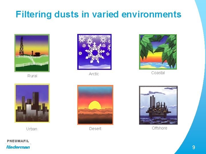 Filtering dusts in varied environments Rural Urban Arctic Coastal Desert Offshore 9 