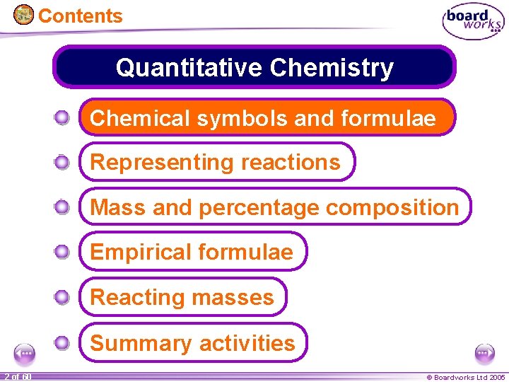 Contents Quantitative Chemistry Chemical symbols and formulae Representing reactions Mass and percentage composition Empirical