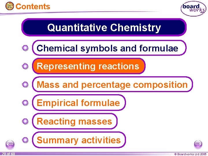 Contents Quantitative Chemistry Chemical symbols and formulae Representing reactions Mass and percentage composition Empirical