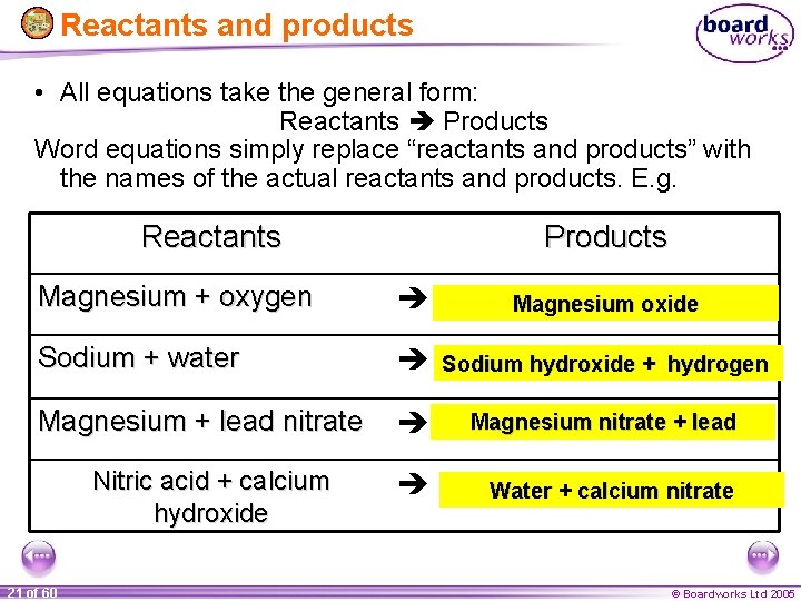 Reactants and products • All equations take the general form: Reactants Products Word equations