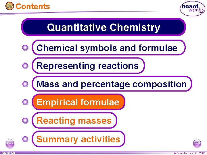 Contents Quantitative Chemistry Chemical symbols and formulae Representing reactions Mass and percentage composition Empirical