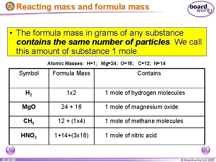 Reacting mass and formula mass • The formula mass in grams of any substance