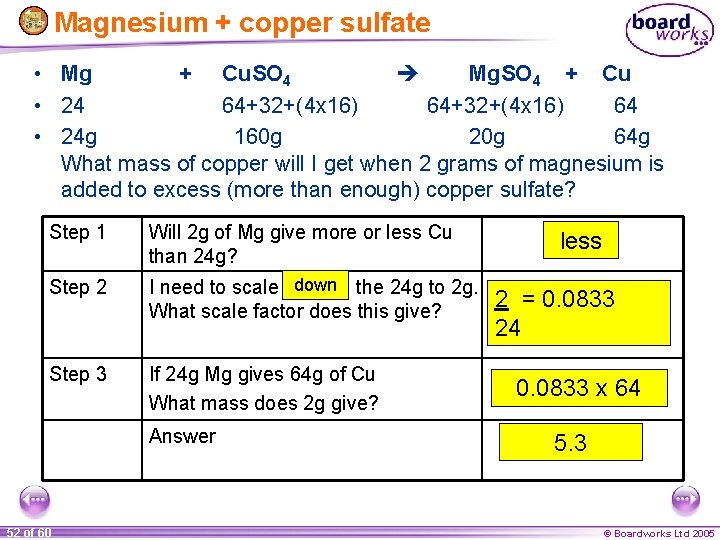 Magnesium + copper sulfate • Mg + Cu. SO 4 Mg. SO 4 +