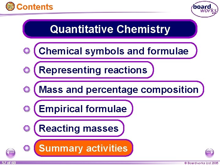 Contents Quantitative Chemistry Chemical symbols and formulae Representing reactions Mass and percentage composition Empirical