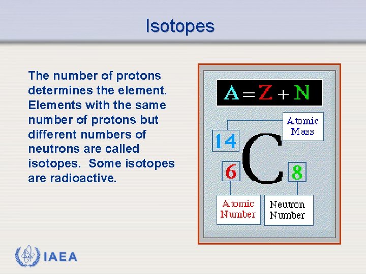 Isotopes The number of protons determines the element. Elements with the same number of