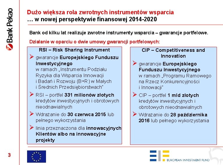 Dużo większa rola zwrotnych instrumentów wsparcia … w nowej perspektywie finansowej 2014 -2020 Bank