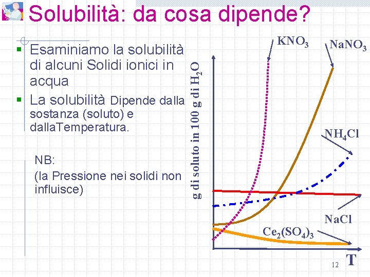Solubilità: da cosa dipende? sostanza (soluto) e dalla. Temperatura. NB: (la Pressione nei solidi