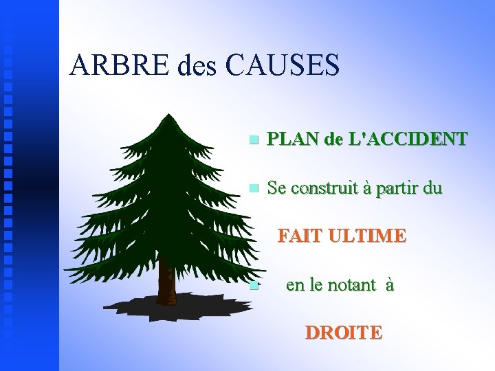 ARBRE des CAUSES n PLAN de L'ACCIDENT n Se construit à partir du FAIT