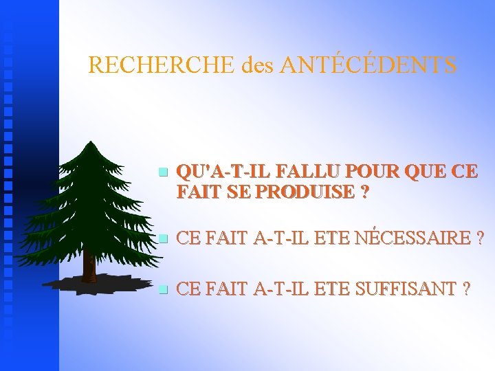 RECHERCHE des ANTÉCÉDENTS n QU'A-T-IL FALLU POUR QUE CE FAIT SE PRODUISE ? n