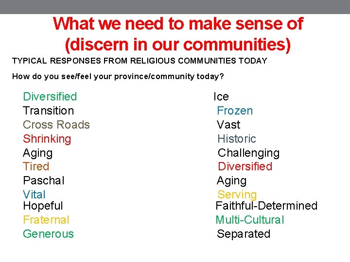 What we need to make sense of (discern in our communities) TYPICAL RESPONSES FROM
