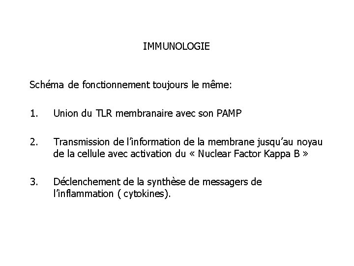 IMMUNOLOGIE Schéma de fonctionnement toujours le même: 1. Union du TLR membranaire avec son