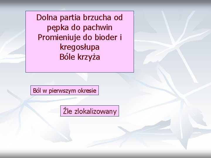 Dolna partia brzucha od pępka do pachwin Promieniuje do bioder i kregosłupa Bóle krzyża