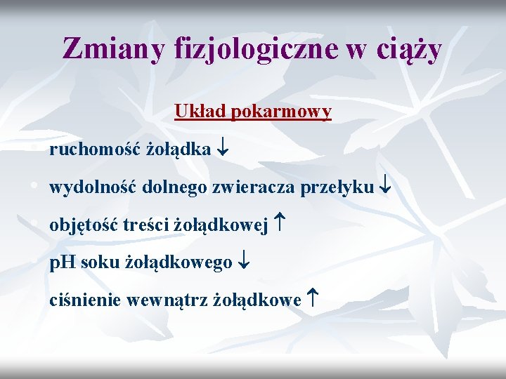 Zmiany fizjologiczne w ciąży Układ pokarmowy • ruchomość żołądka • wydolność dolnego zwieracza przełyku