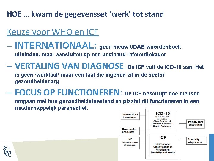 HOE … kwam de gegevensset ‘werk’ tot stand Keuze voor WHO en ICF -