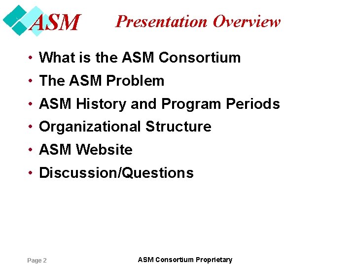 ASM Presentation Overview • What is the ASM Consortium • The ASM Problem •