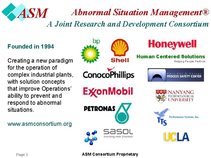 ASM Abnormal Situation Management® A Joint Research and Development Consortium Founded in 1994 Creating