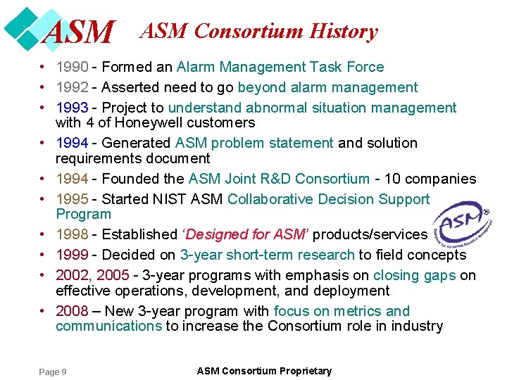 ASM Consortium History • 1990 - Formed an Alarm Management Task Force • 1992