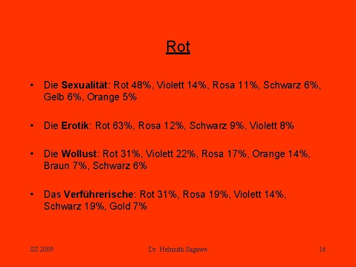 Rot • Die Sexualität: Rot 48%, Violett 14%, Rosa 11%, Schwarz 6%, Gelb 6%,