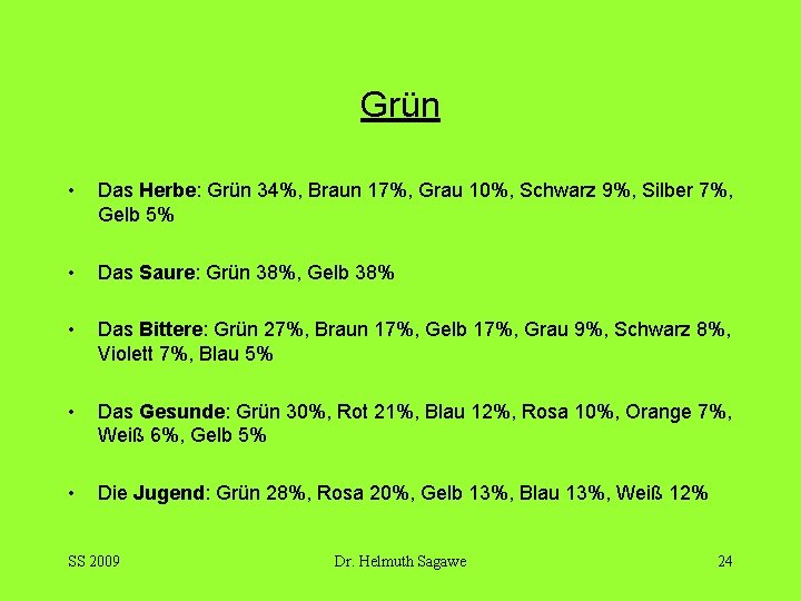 Grün • Das Herbe: Grün 34%, Braun 17%, Grau 10%, Schwarz 9%, Silber 7%,