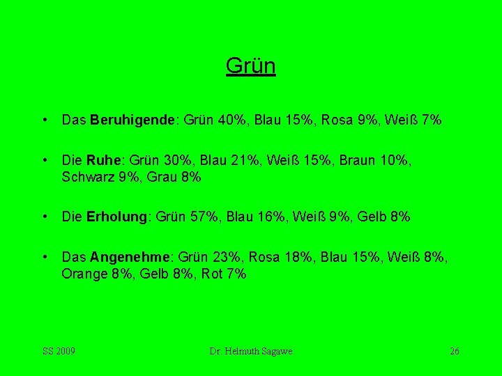 Grün • Das Beruhigende: Grün 40%, Blau 15%, Rosa 9%, Weiß 7% • Die