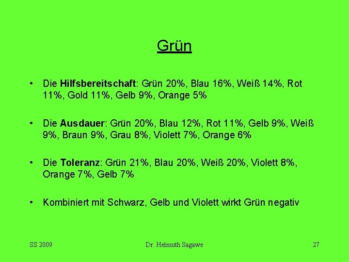 Grün • Die Hilfsbereitschaft: Grün 20%, Blau 16%, Weiß 14%, Rot 11%, Gold 11%,