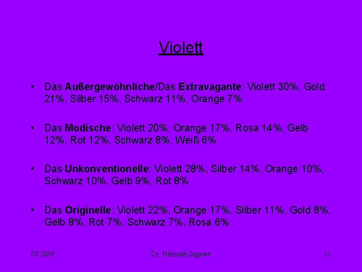 Violett • Das Außergewöhnliche/Das Extravagante: Violett 30%, Gold 21%, Silber 15%, Schwarz 11%, Orange