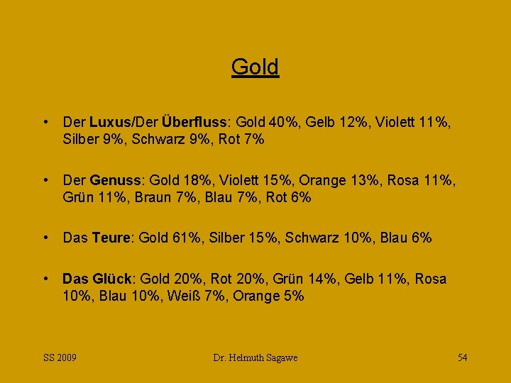 Gold • Der Luxus/Der Überfluss: Gold 40%, Gelb 12%, Violett 11%, Silber 9%, Schwarz
