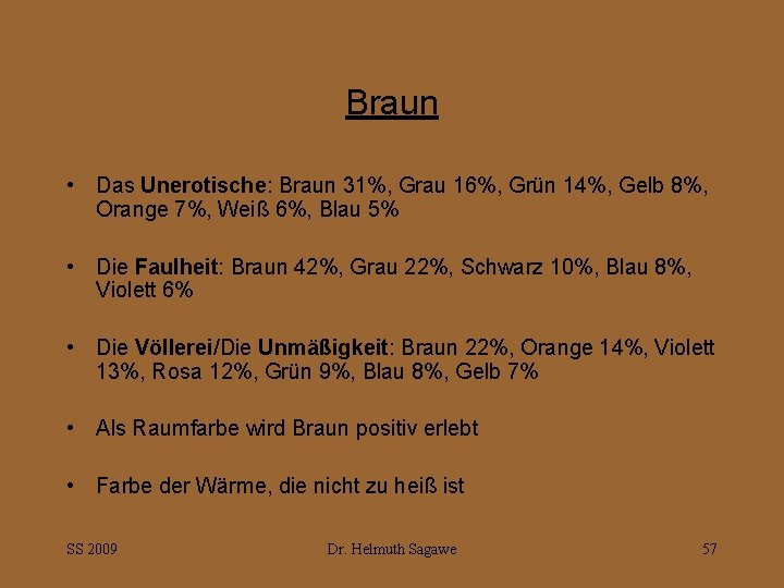 Braun • Das Unerotische: Braun 31%, Grau 16%, Grün 14%, Gelb 8%, Orange 7%,