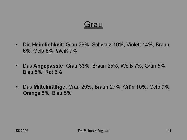 Grau • Die Heimlichkeit: Grau 29%, Schwarz 19%, Violett 14%, Braun 8%, Gelb 8%,