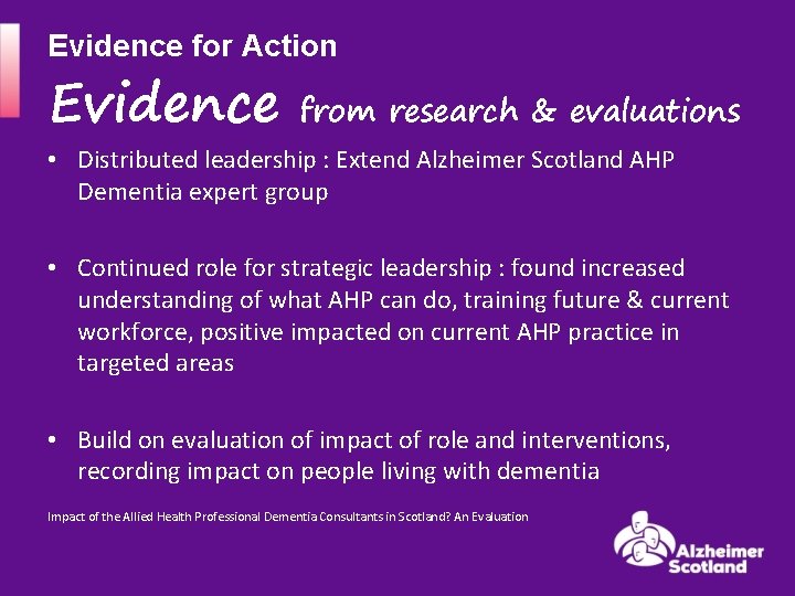 Evidence for Action Evidence from research & evaluations • Distributed leadership : Extend Alzheimer